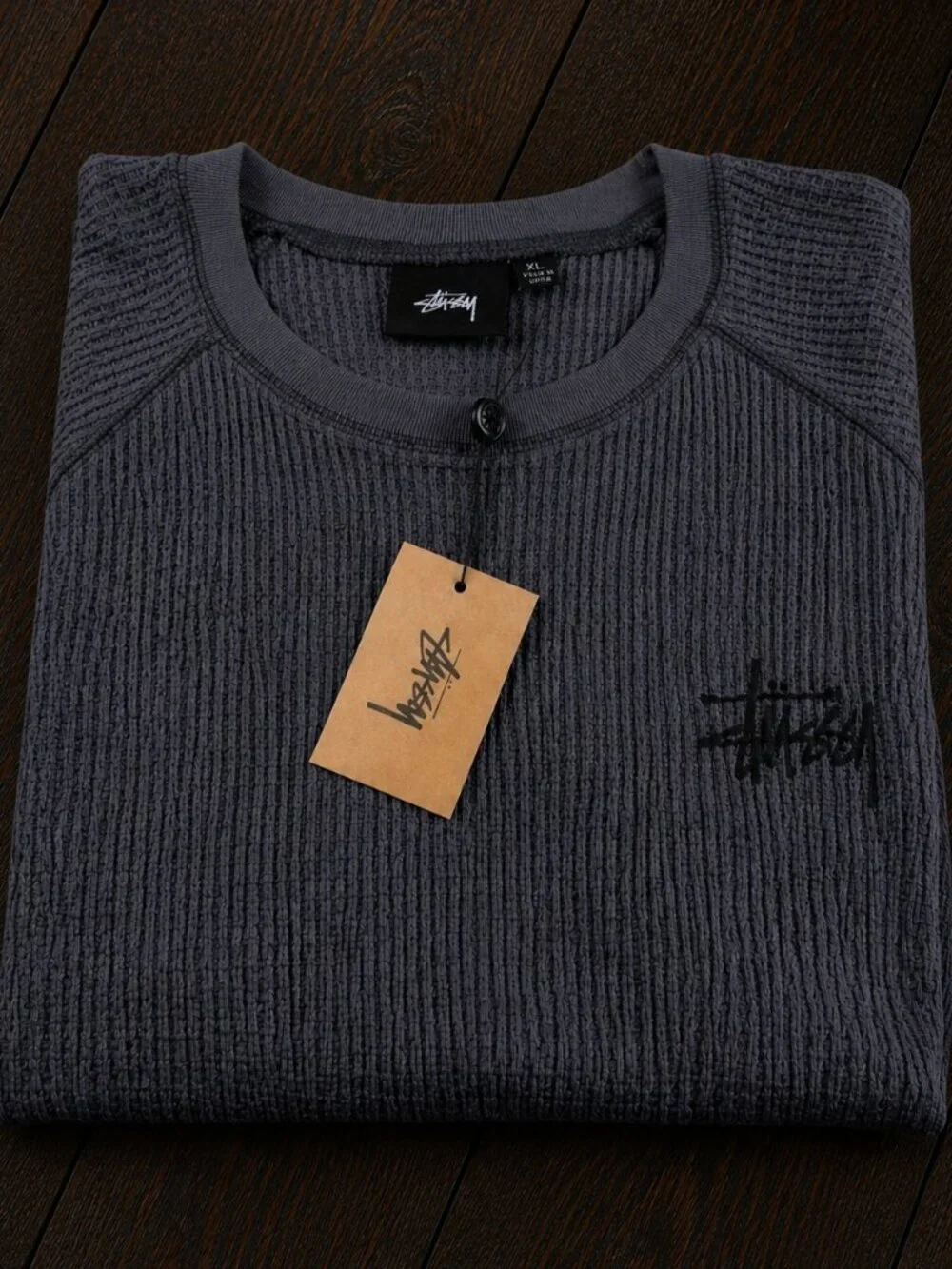 Stüssy Waffle Knit Thermal Crewneck Long Sleeve Shirt Charcoal Gray XL - Picture 4 of 4